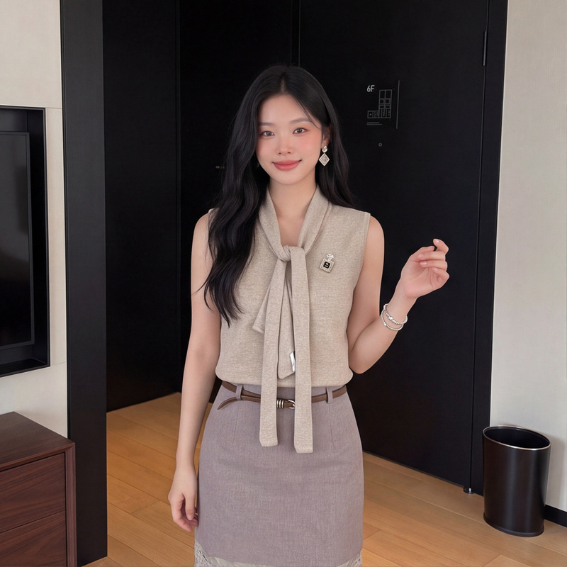 [in Stock] Customizable High-End Women's Clothing from Shenzhen Nanyou, New Summer Style Tie-Neck Single-Breasted Vest Knitwear for Women
