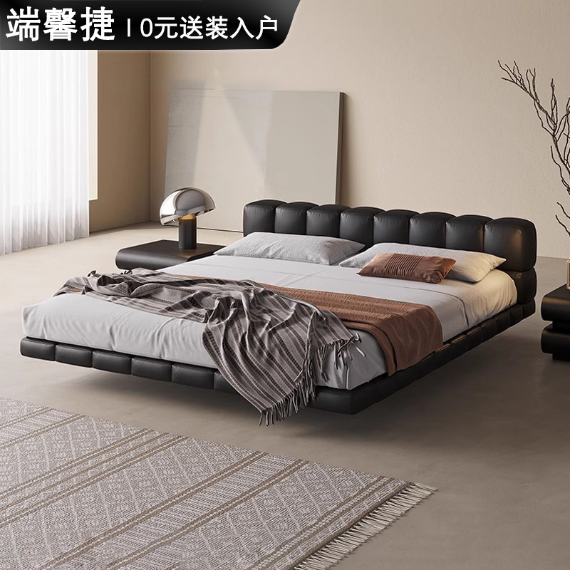 Cama de puff, cama de suspensión de cuero, cama de cuero minimalista italiana, cama de chocolate moderna, cama de boda, cama de paquete suave, negro