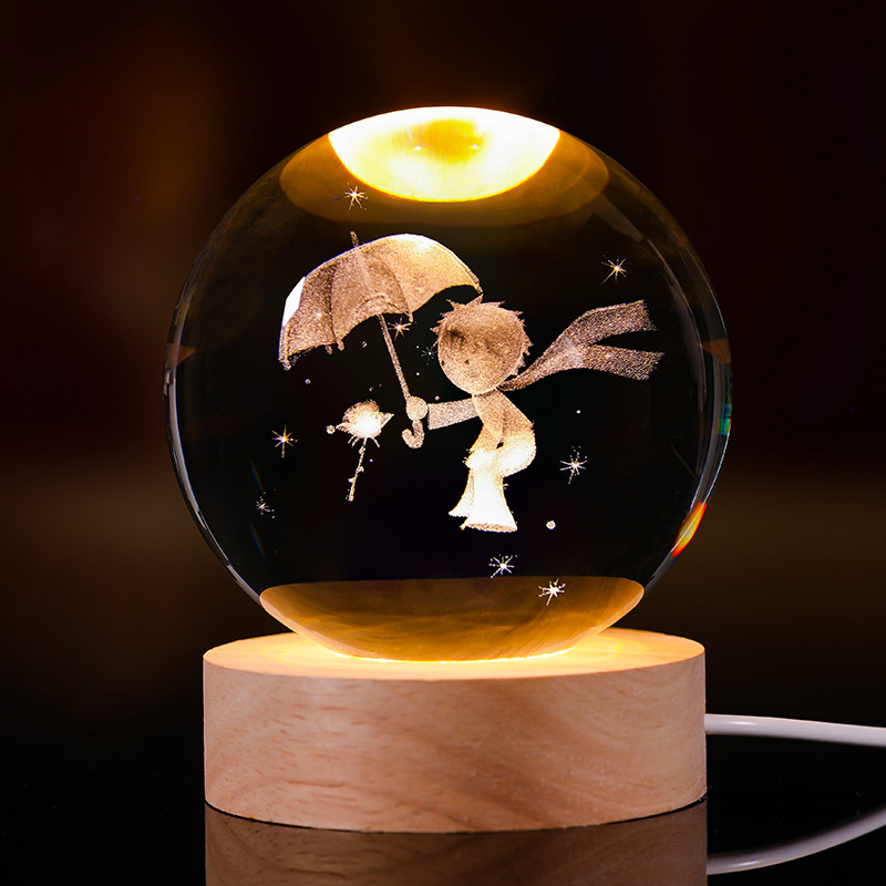 Bola de cristal luminosa lámpara de noche 3D esculpida estrella base de madera sólida regalo de cumpleaños decoración de escritorio creativa