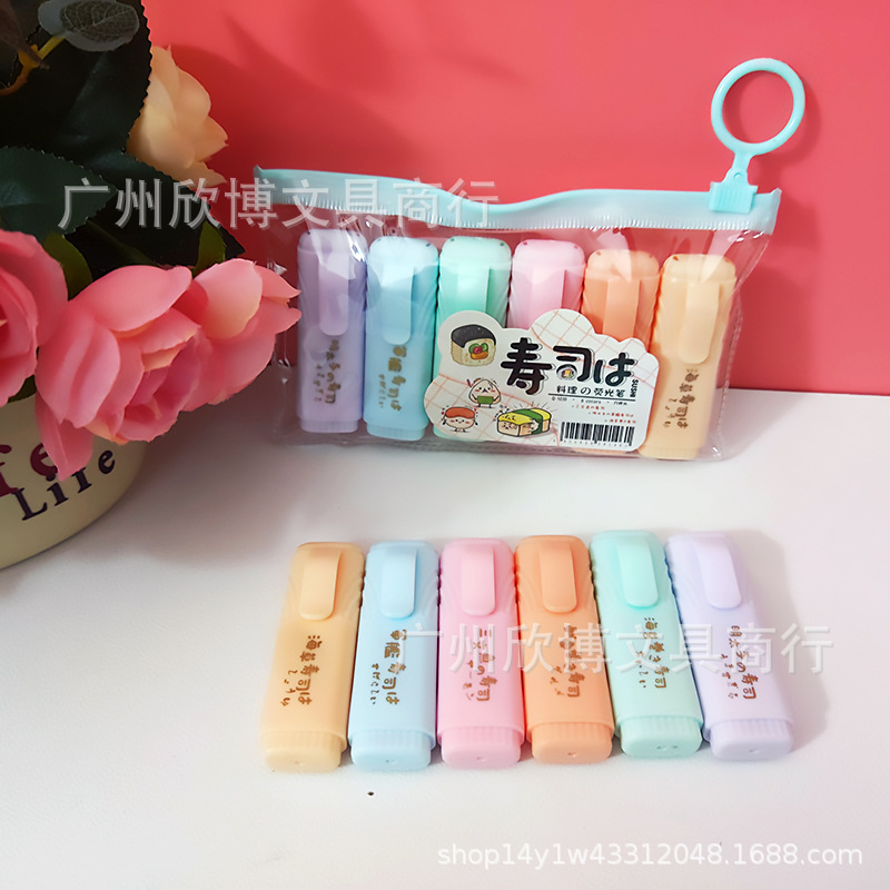 Exaltador de modelado de dibujos animados múltiples, 6 bolsas, diagonales, notas, puntos clave, estudiantes de primaria, marcadores, graffiti