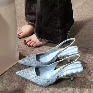 High-End Small Fragrance High-Heeled Shoes, Stiletto Pointed-Toe Sandals for Women, 202 Summer New Style, Hollow Toe, Large Size Flats