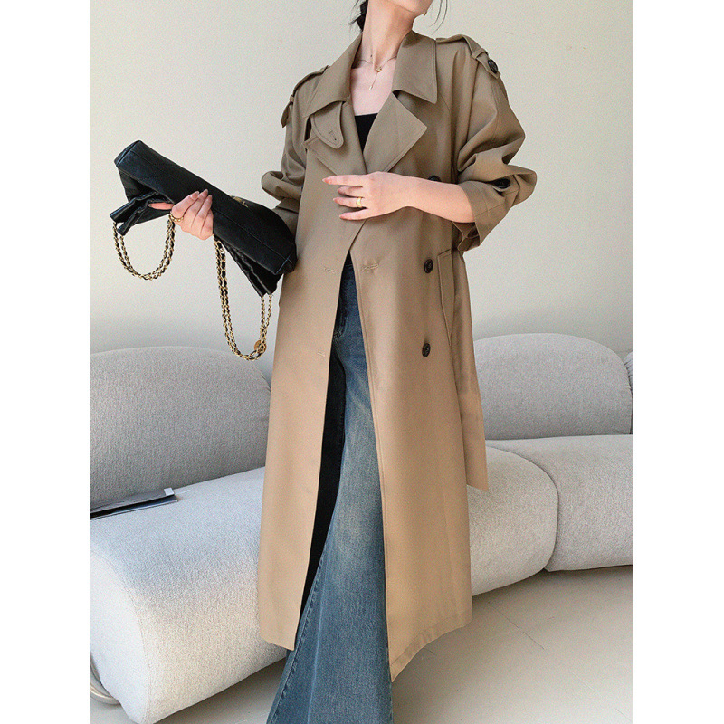 2024 High-grade khaki New Windbreaker Coat Mid-length British Waist Spring and Autumn Elegant Over-the-knee Coat Outerwear