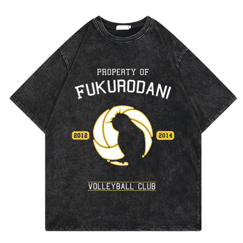 Water-wash Retro T-shirt Street Hip-hop Anime Haikyu Shonen Cartoon Print Graphic Casual Cotton Short Sleeve
