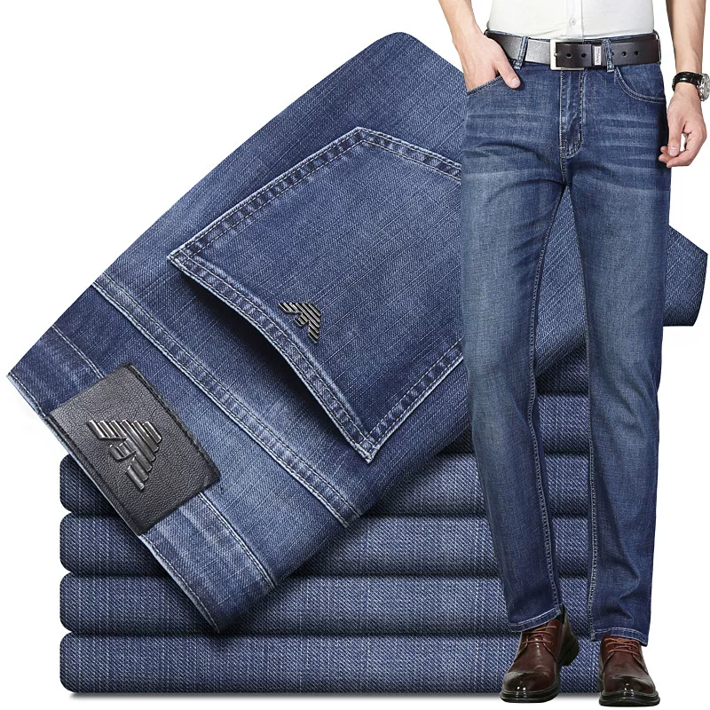 Летние синие эластичные свободные прямые джинсы, мягкие тонкие casual брюки, свободная прямая посадка