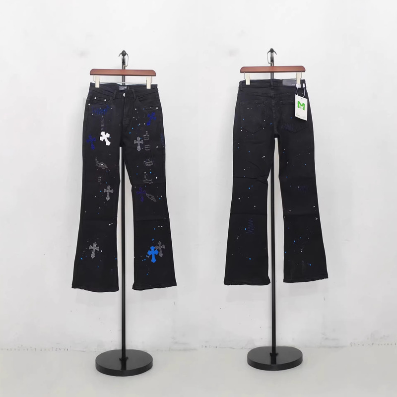 Amy's New Men's Jeans with Street-Style Ripped Design, Embroidered Cross Patches, Rhinestones, Slight Flare, Slim Fit, Stretchy, Same Style as Internet Celebrities