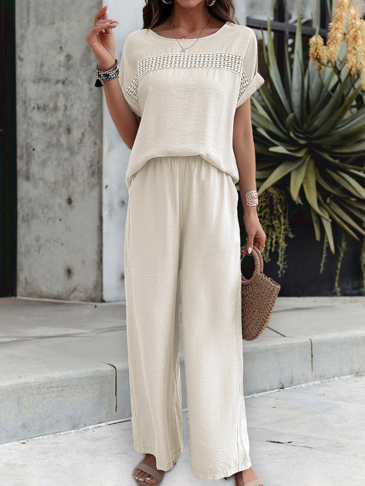 455g Weight Half Sleeve, Half Sleeve Sleeve Length Spandex, Polyester Fabric Type Low Waist Waist Line Short Top Length Pant Co-ord Set, Pant Co-ord Set Sets Type 2 Pieces Set Quantity Casual, Daily Occasion Round Neck, Round Neck Neckline Loose, Loose Fit Type Stripe, Solid Color Pattern Summer, Spring, Autumn Season Women's Gender Hollow Out Design Streetwear, Streetwear Style Apricot Color KaiKuO Women's Fashion Independent Station 2024 Spring Summer Export Casual Fashion Solid Color Short Sleeve Long Pants Hollow Out Set 15