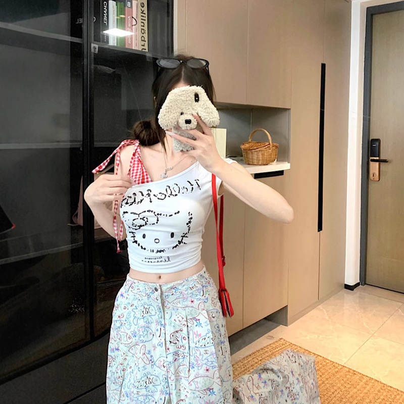 White Kitty Cat Plaid Stitching Slanted Shoulder Vest T-Shirt Women's Summer Off-Shoulder Sweet and Spicy Slim Short Top Trendy