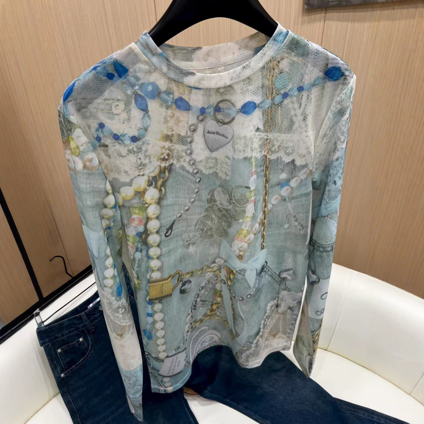 印花蕾丝珍珠长袖上衣T恤