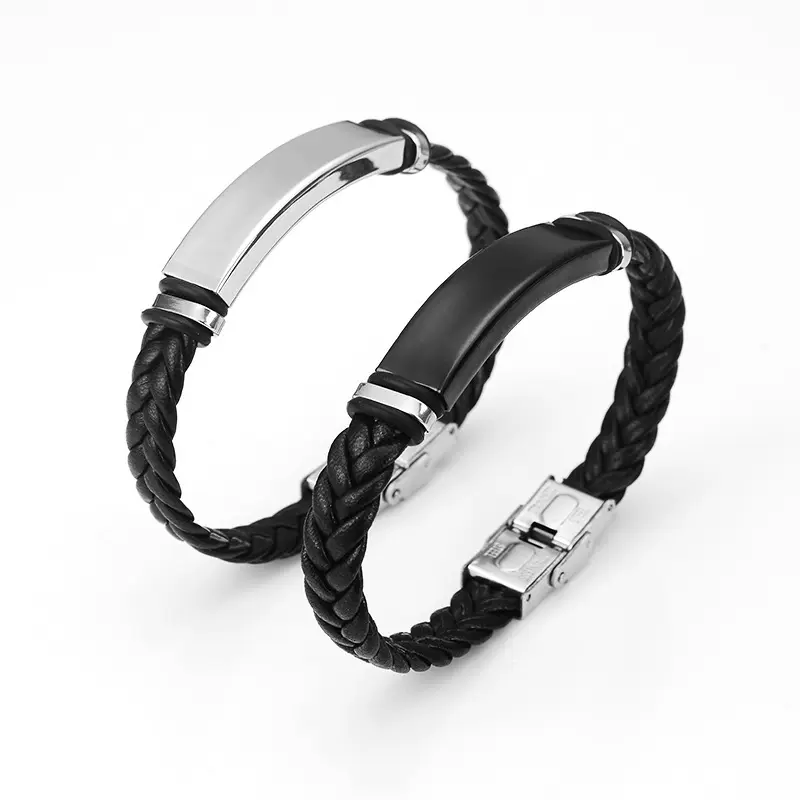 亚马逊新品手工编织皮质简约钛钢男士手链不锈钢手环现货可刻字