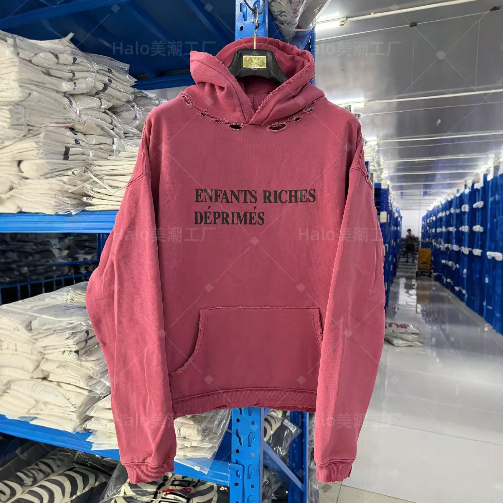 ERD's heavy-weight hoodie in the same style as Loren, the gloomy rich kid, with an American vintage distressed, washed, and wormhole effect