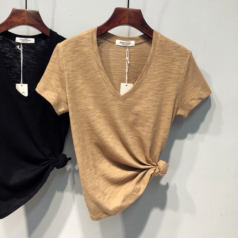 Women's Bamboo Cotton V Neck Short Sleeve T-Shirt Unique Design Slimming Summer Thin Versatile Top_ecoleips.com