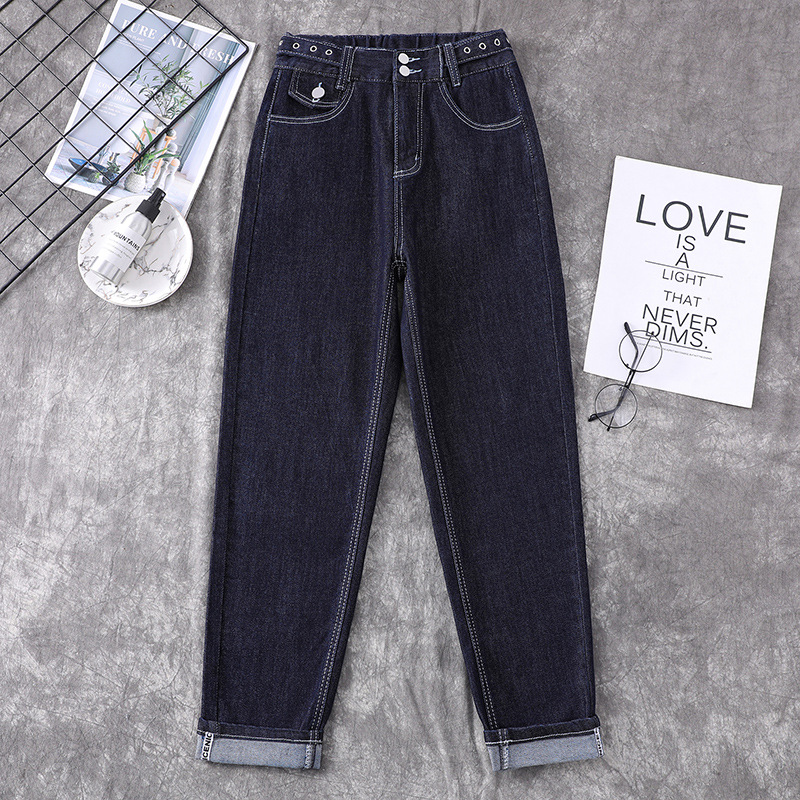 实拍春新款大码牛仔裤女直筒宽松高腰显瘦胖MM哈伦老爹九分女裤|ms