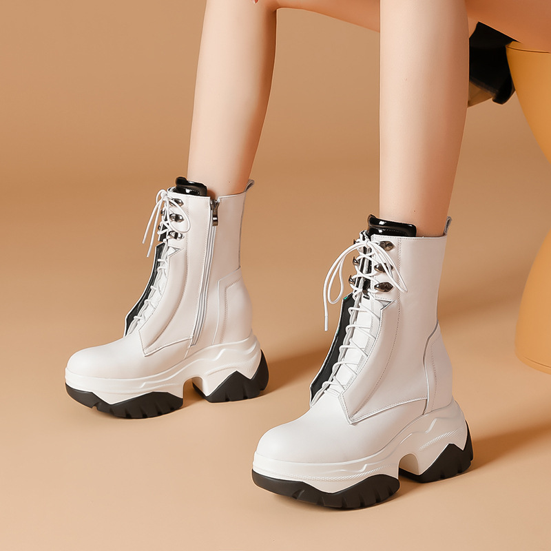 Fashion All-match Casual Lace-up Trendy Round Toe Martin Boots Platform Bottom British Style Black and White Color Matching Short Boots for Women