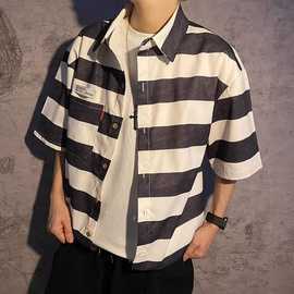 日系复古宽松拼色条纹衬衫男夏季2025新款潮牌时尚半袖五分袖衬衣