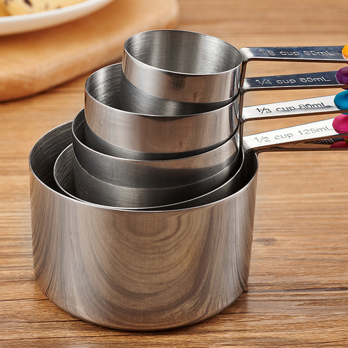 Set of 10 stainless steel measuring spoons, cups, and scoops with dual markings, Set of 5 colorful measuring spoons, Baking tools