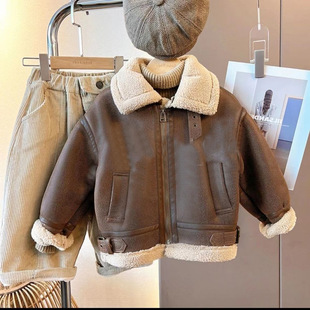Boys' Velvet Jacket 2024 Winter New Children's Baby Fashionable Suede Fur One-piece Suede