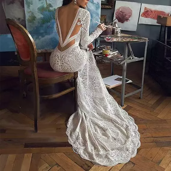 Свадебное платье с длинными рукавами, вечернее платье, юбка, французский стиль, премиум, с открытой спиной, кружевное платье