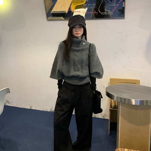Bat-sleeve top gray twist turtleneck sweater for women's autumn and winter bat-sleeves short Korean lazy knit
