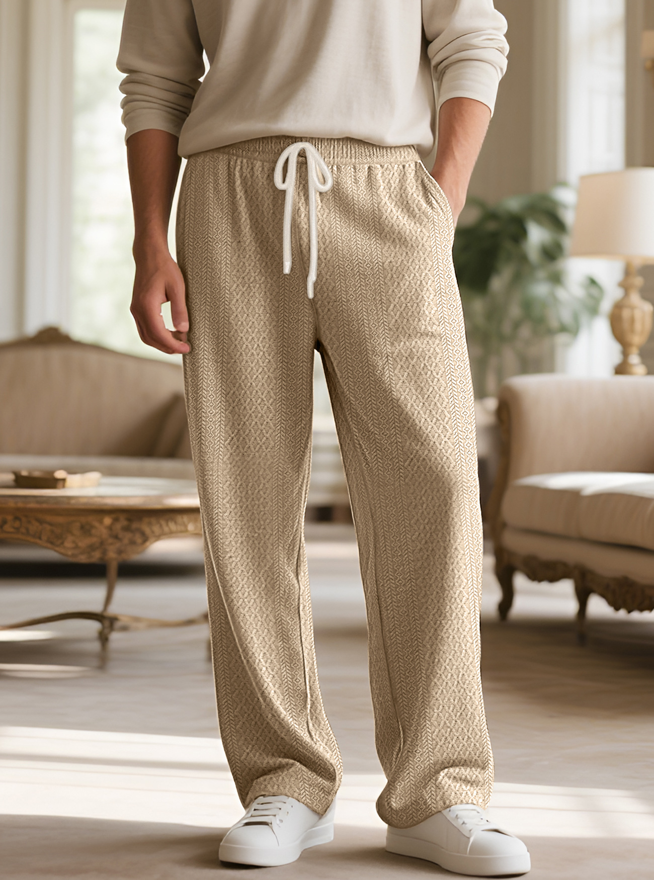 Herren Texturierte Jacquard Strickhose Gerade Schnitt Casual_voghion.com