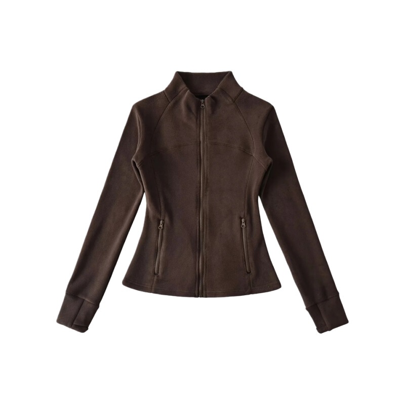 Simple Solid Color Retro Autumn and Winter Stand Collar Zipper Fleece Thickened Warm Jacket Women Slim Pocket Sweatshirt