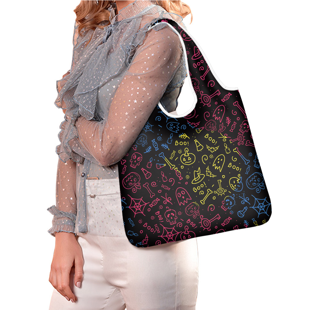 南瓜幽灵骷髅巫师帽印花鬼节手提单肩帆布袋购物袋涤纶欧式可代发