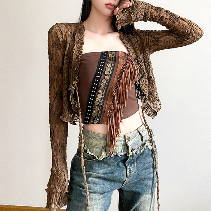 Post-Apocalyptic Lace Kimono Cardigan - Vintage Distressed Floral Embroidery, Bohemian Fringe Vest For Women, Edgy Layering Piece_ecoleips.com