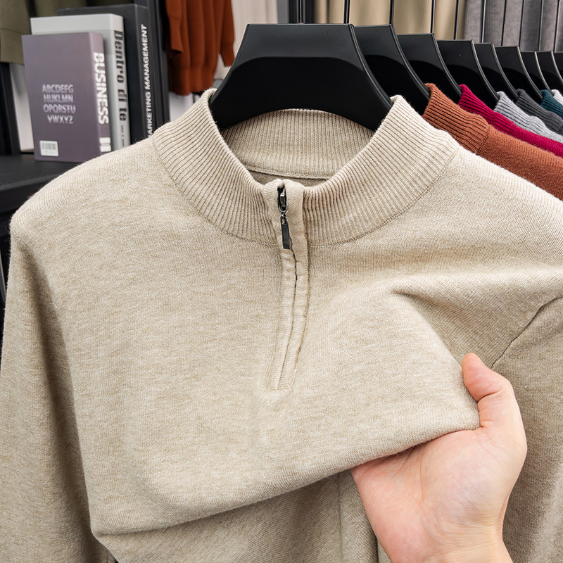 Winter New Half Turtleneck Wool Sweater Men's Half Zipper Pure Color Warm Knitted Sweater Pullover Skin-Friendly Bottoming Shirt