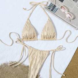 2025年新款金银丝亮面欧美比基尼泳衣女分体绑带三角包性感氛围感