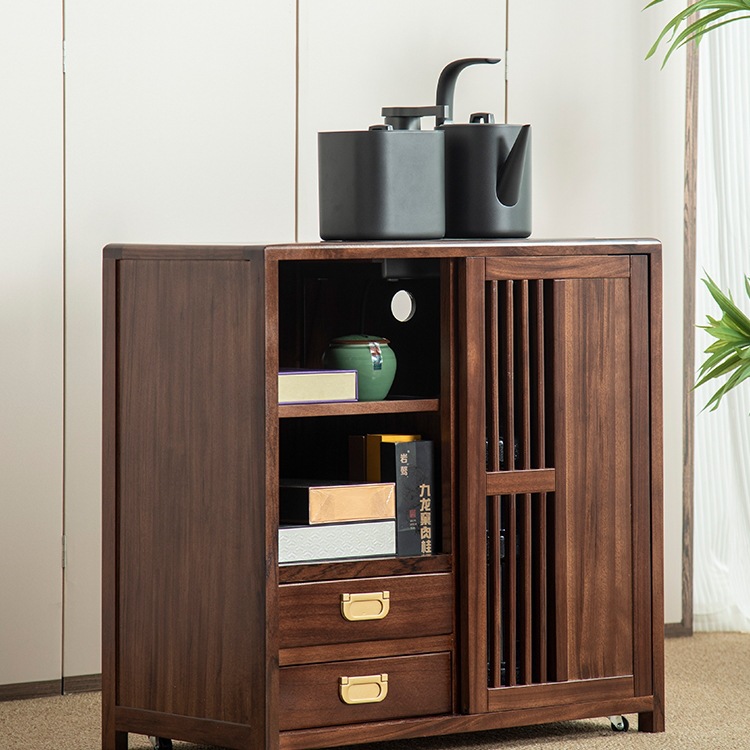 Ebony Wood Mobile Table, Solid Wood Coffee Table, Living Room Tea Table, Tea Cabinet, Household Kettle, Integrated Sofa Side Cabinet