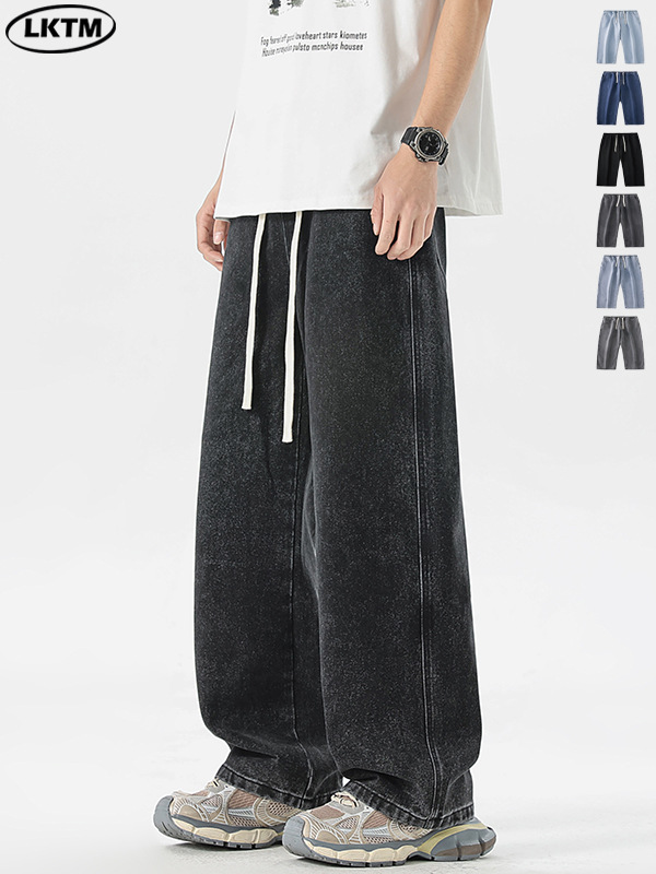 Ropa para hombre LKTM, pantalones vaqueros de color liso para otoño e invierno, pantalones largos con cordón recto y holgado a la moda para jóvenes