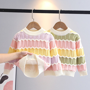 Girls' Sweaters Autumn Winter 2024 New Fleece-Lined Fashionable Round Neck Children's Tops Rainbow Knitted Kids' Clothing Wholesale