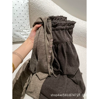 咖色花边腰阔腿裤女秋季2026新款休闲裤宽松慵懒风小个子糯米长裤