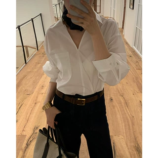 EVERTRUE100%纯棉衬衫女秋冬新款长袖纯色上衣宽松老钱衬衣92355