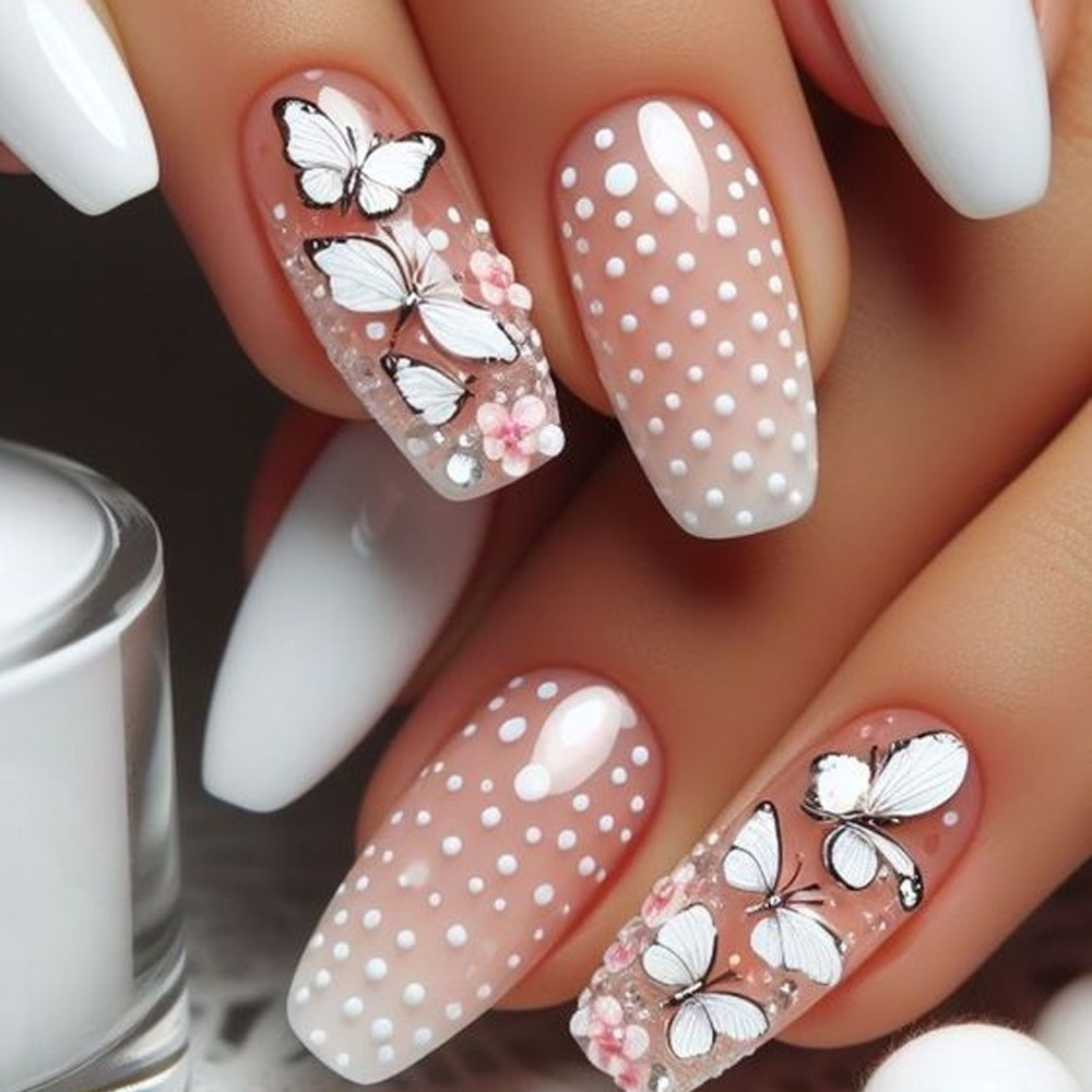 Manicura de uñas de escalera larga de punto blanco simple, parche de uñas de degradado blanco en polvo de mariposa, venta caliente transfronteriza, armadura portátil de diamantes