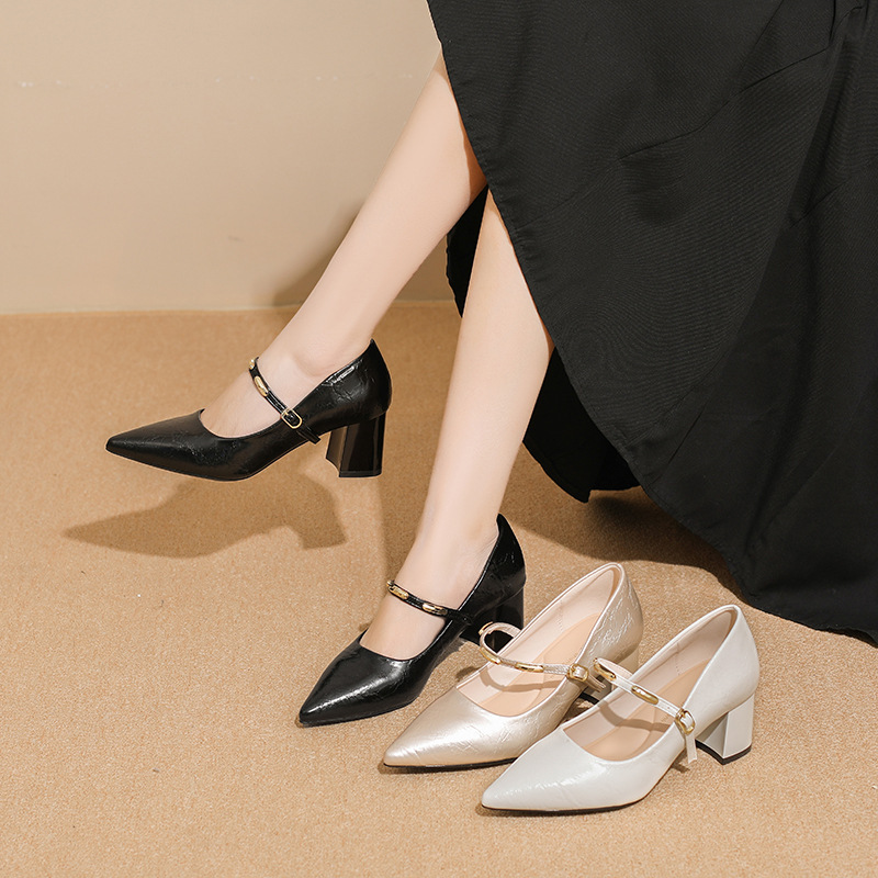 Soft Leather, Chunky Heel, Pointed Toe Mary Jane High-heeled Shoes For Women, 2026 New Versatile Design With Internal_vogvips.com