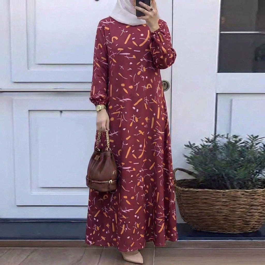 In Stock Cross-Border New Printed Middle Eastern Muslim Malay Full Sleeve Round Neck Robe Long Dress Factory Wholesale_ecoleips.com