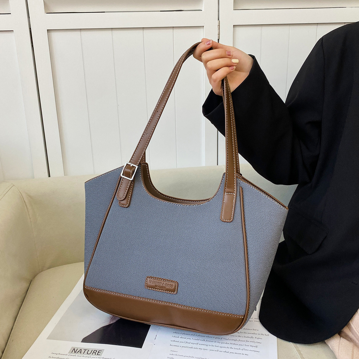 外贸时尚大容量撞色托特包包女2024新款休闲百搭腋下单肩包手提包