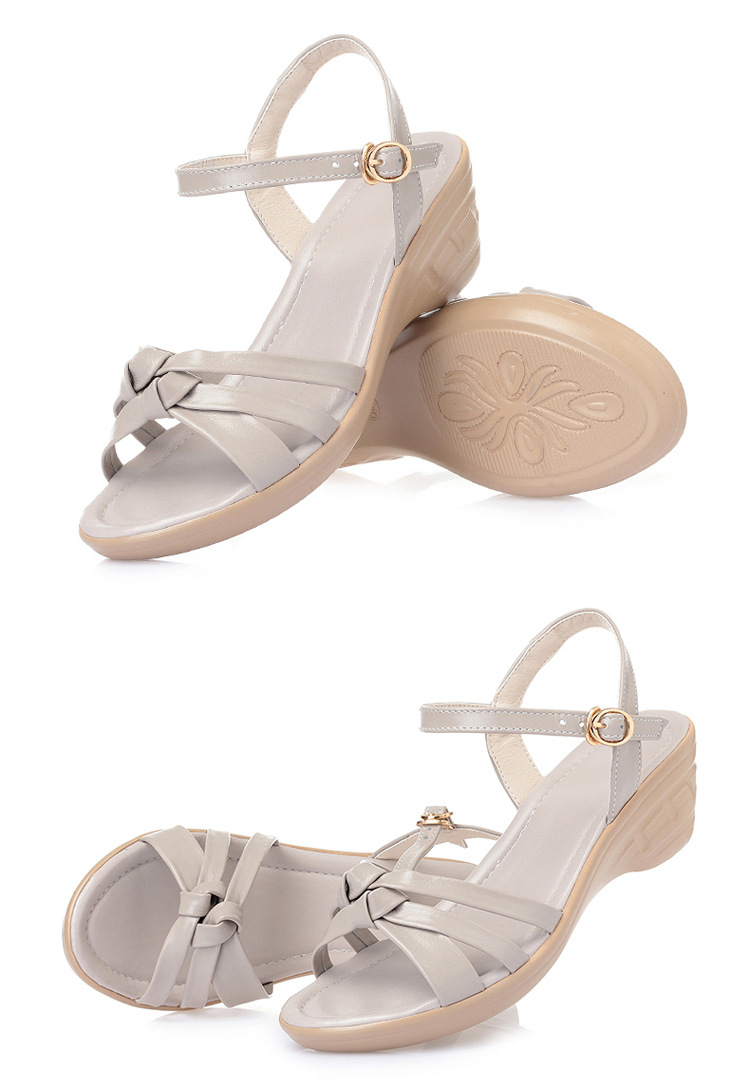 Sandal da thật mùa hè quai chữ V cho mẹ trung niên — Xám be chi tiết 18