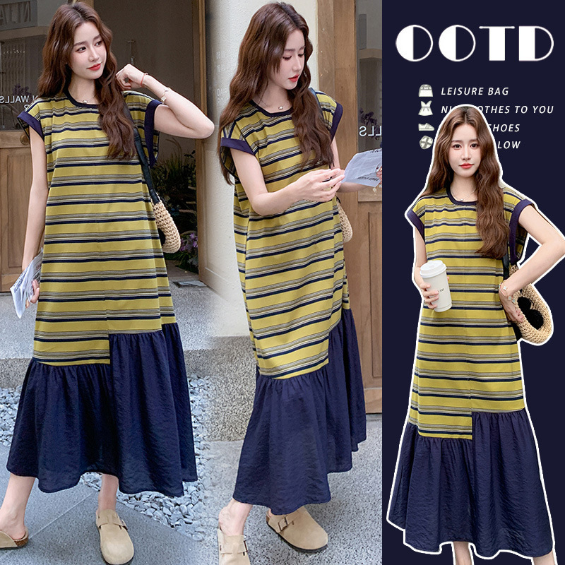 Maternity Wear 2025 Summer New Style Elegant and Age-Reducing Striped Patchwork Fishtail Knitted Sweater Dress