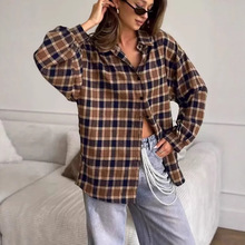 亚马逊跨境欧美时尚格子衬衫宽松百搭格纹衬衣2025春季新款上衣女