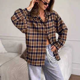 亚马逊跨境欧美时尚格子衬衫宽松百搭格纹衬衣2025春季新款上衣女