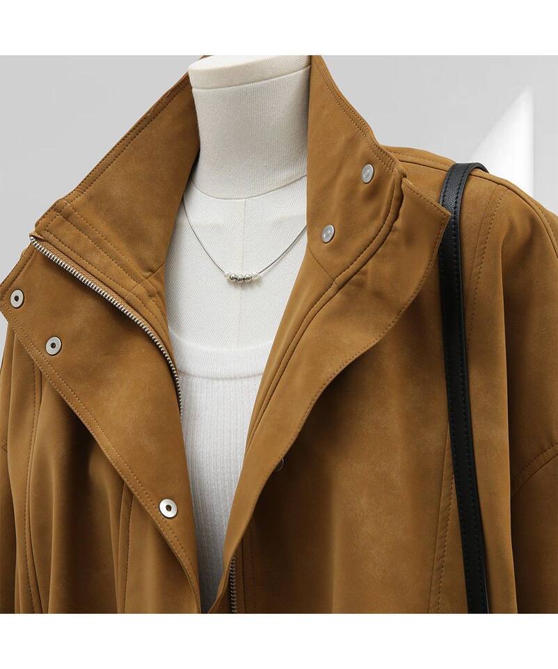 Áo khoác nữ dáng rộng cổ đứng phối lệch phong cách vintage, form suông thoải mái, khóa kéo tiện dụng — Brown Original Vải Nâng cấp chi tiết 5