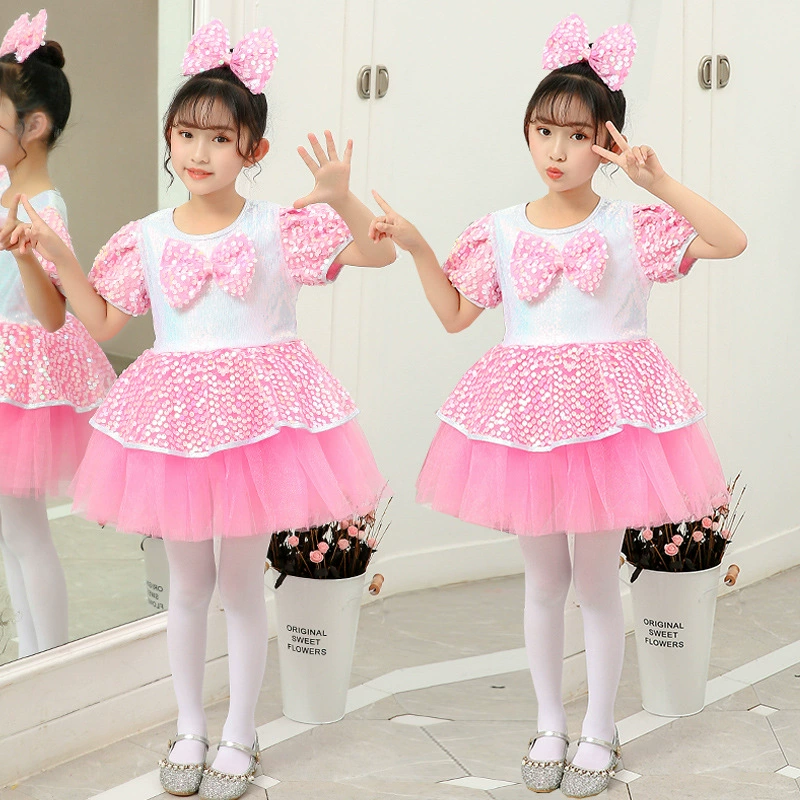 1 июня Костюм для детского выступления Платье принцессы с пайетками для девочек Платье-пончо Платье с вуалью Платье для танцевального выступления Платье для хора