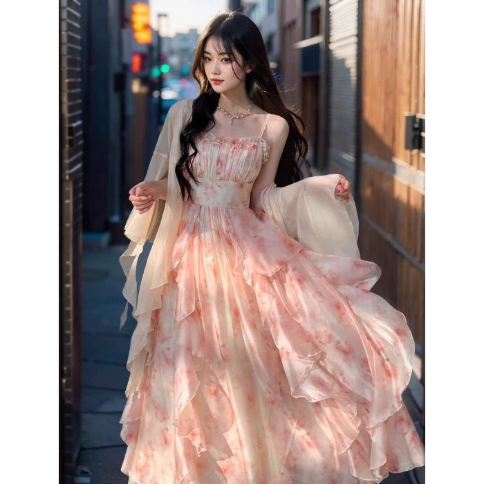 Летний набор slip dress — прилегающий bodice, длинная юбка и кардиган, лёгкий струящийся стиль