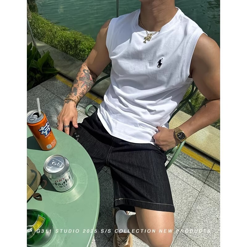 Summer New Simple Style Embroidered Vest for Men, Solid Color, Light Luxury, Outerwear, Sports Sleeveless T-Shirt Top Summer New Simple Style Embroidered Vest for Men, Solid Color, Light Luxury, Outerwear, Sports Sleeveless T-Shirt Top
