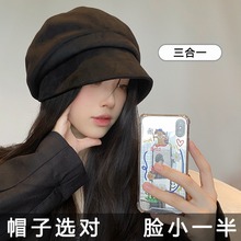 大头围显脸小遮脸帽子女网红麂皮绒复古潮渔夫帽秋冬百搭黑色日系
