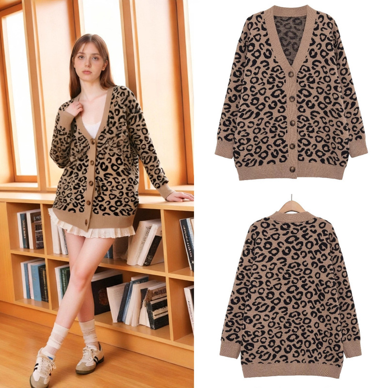 Za Export Cross-Border Spot Wholesale European and American Style Women's Autumn and Winter Popular Fashion Leopard Print V Neck Knitwear Jacket