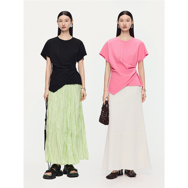Ao Summer Knitted Air Layer Round Neck Waist-Cinching Short-Sleeved T-Shirt Black Top for Women