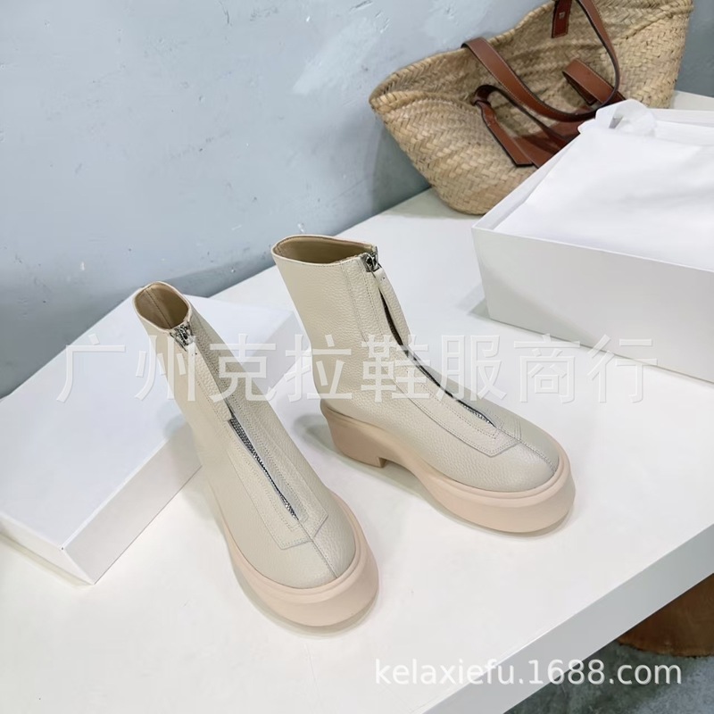 高端小众2025新款真皮英伦风圆头复古松糕厚底增高前拉链短靴单靴|undefined