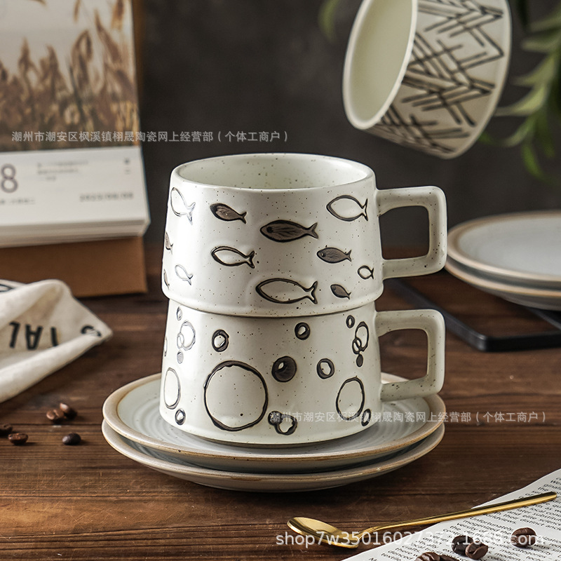 Tazas de café vintage japonesas y platos de alto valor facial, tazas de café con flores de café, tazas especiales para hoteles